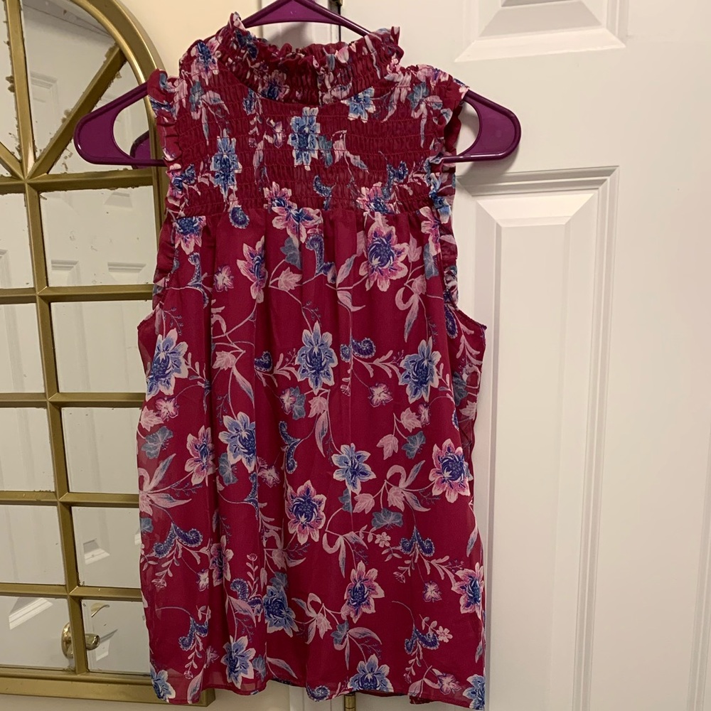 Pink Rose Ruffled Mock-Neck Lined Blouse